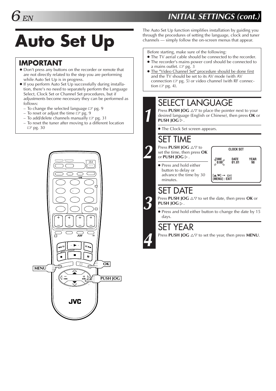 Auto set up, Select language, Set time | Set date, Set year, Initial settings (cont.), Important | JVC HR-J657MS User Manual | Page 6 / 44