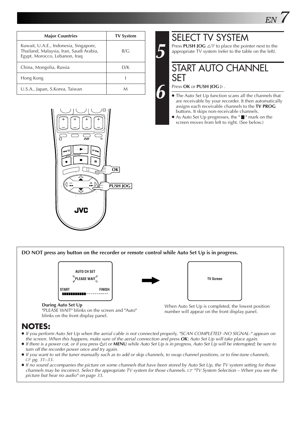 Select tv system, Start auto channel set | JVC HR-J657MS User Manual | Page 7 / 44