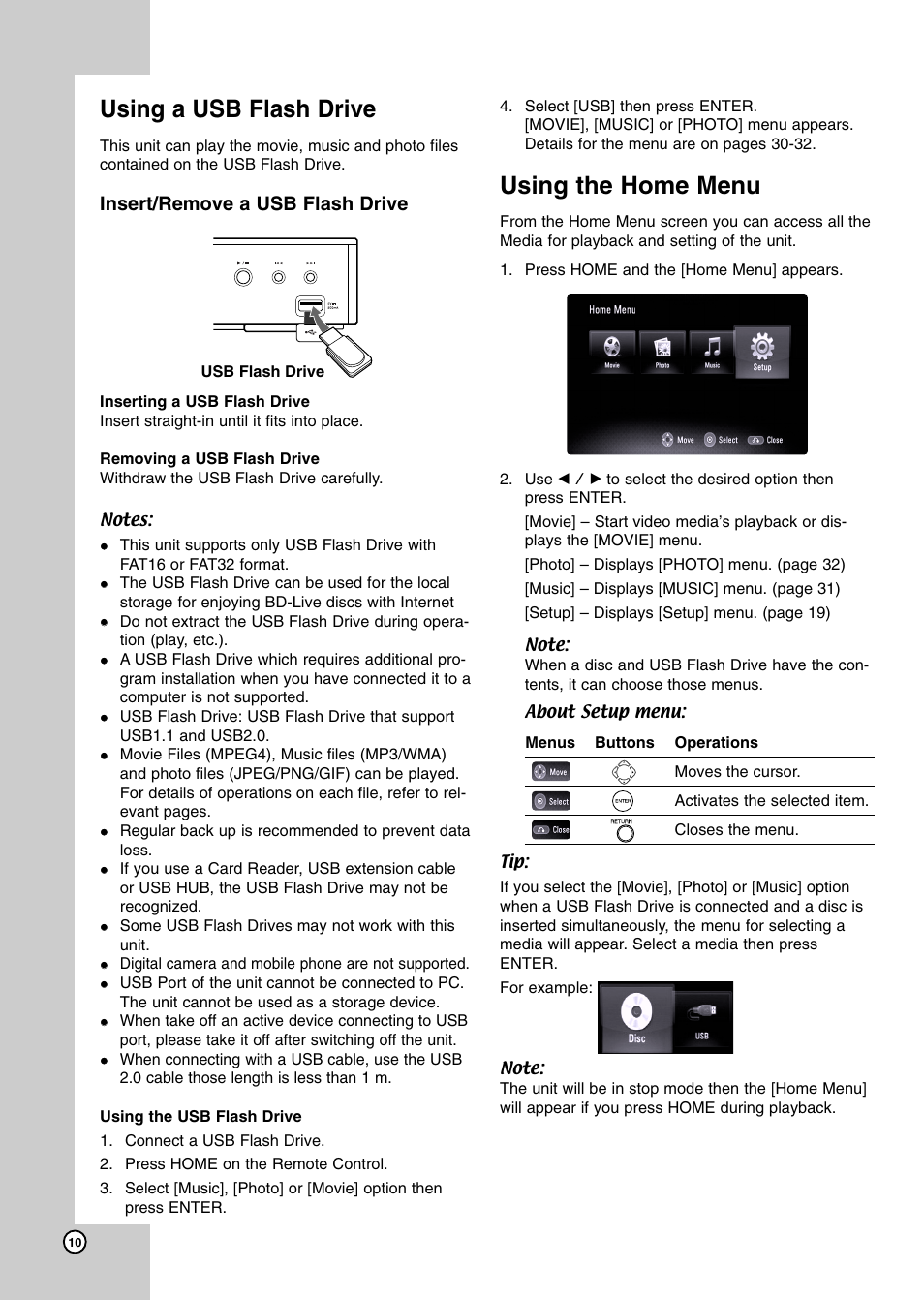 Using a usb flash drive, Using the home menu, Insert/remove a usb flash drive | JVC LVT2007-001D User Manual | Page 10 / 40