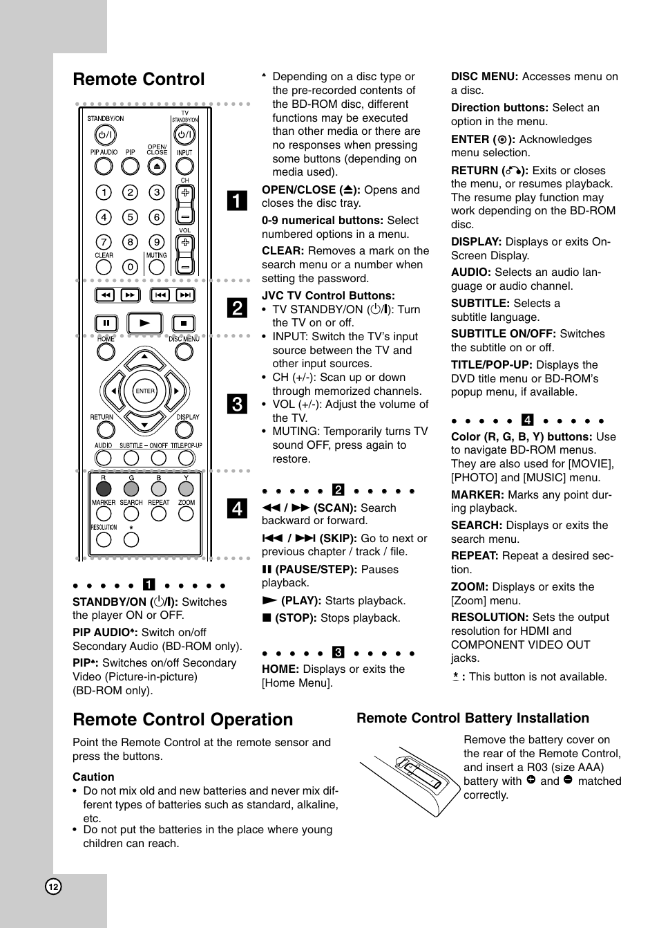 Remote control, Remote control operation, Ab c d | Remote control battery installation | JVC LVT2007-001D User Manual | Page 12 / 40