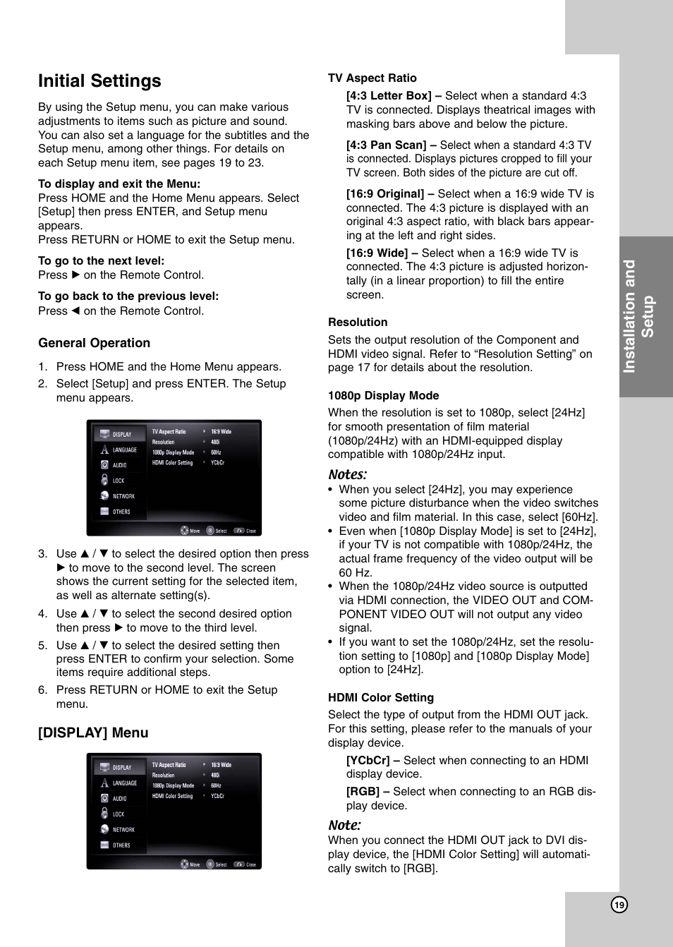 Initial settings, Display] menu, Installation and setup | JVC LVT2007-001D User Manual | Page 19 / 40