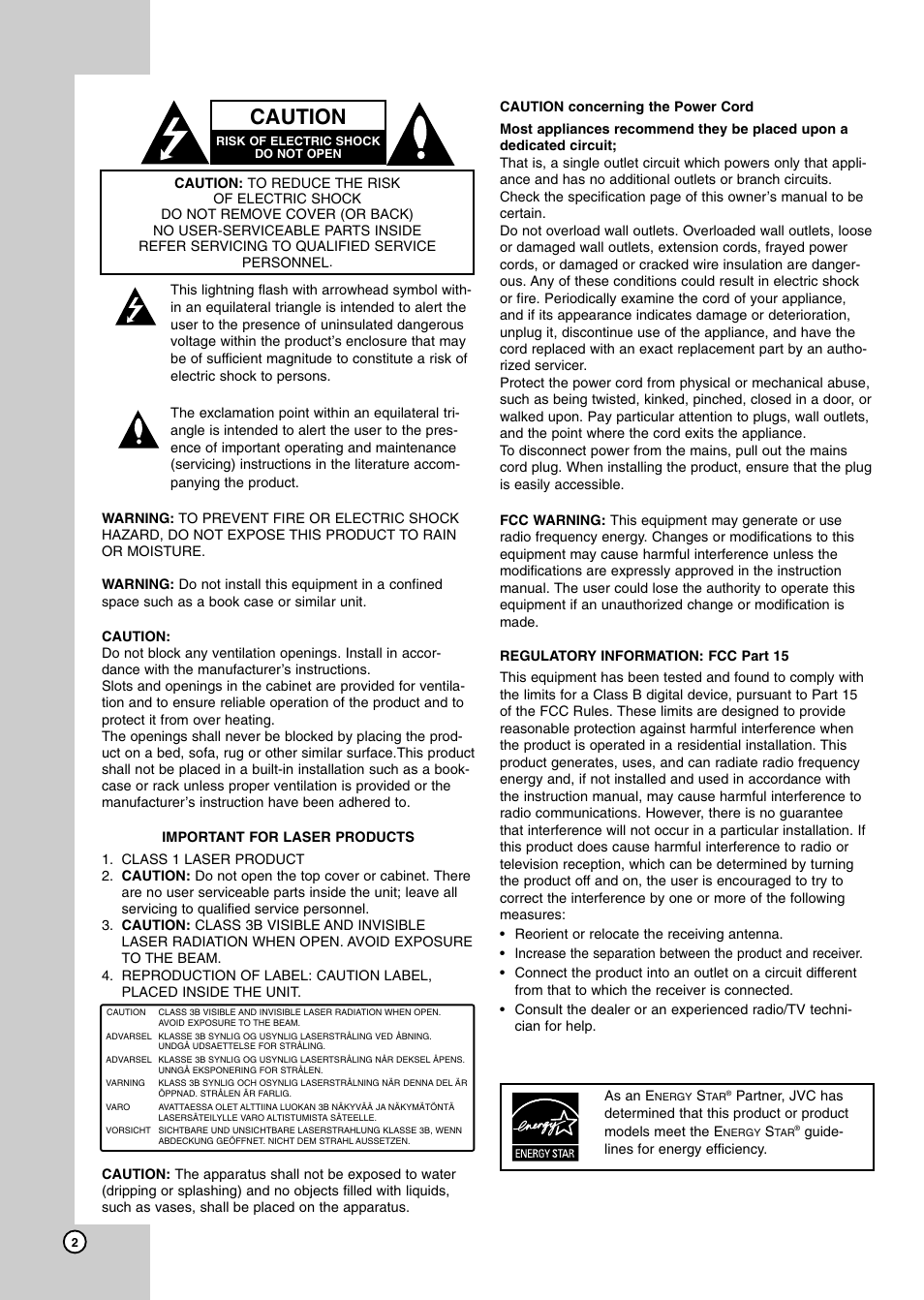 Caution | JVC LVT2007-001D User Manual | Page 2 / 40