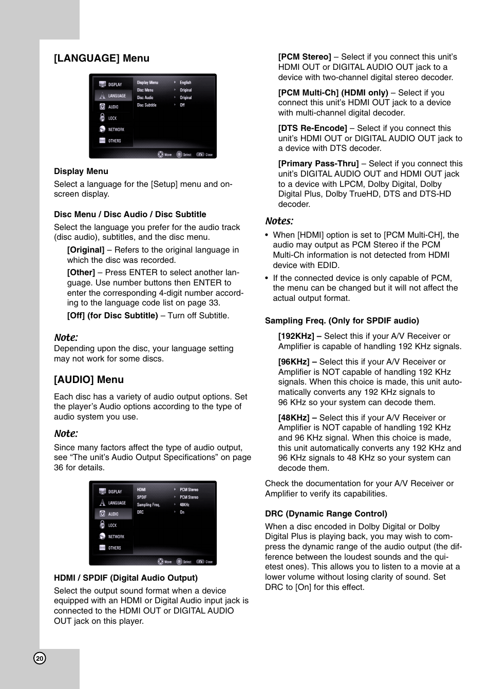 Language] menu, Audio] menu | JVC LVT2007-001D User Manual | Page 20 / 40