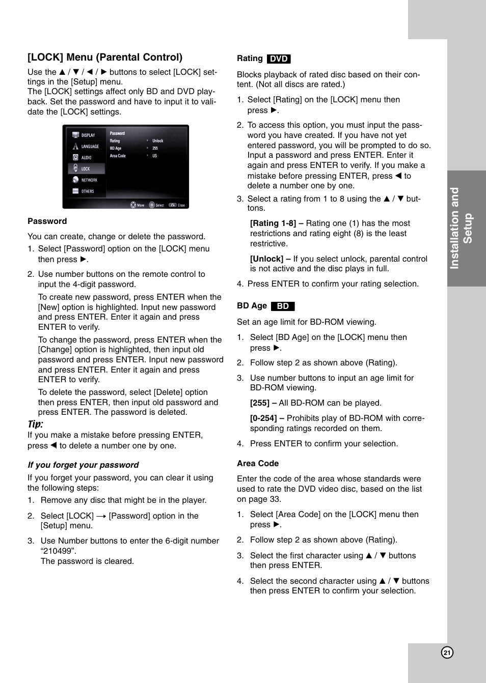 Lock] menu (parental control), Installation and setup | JVC LVT2007-001D User Manual | Page 21 / 40