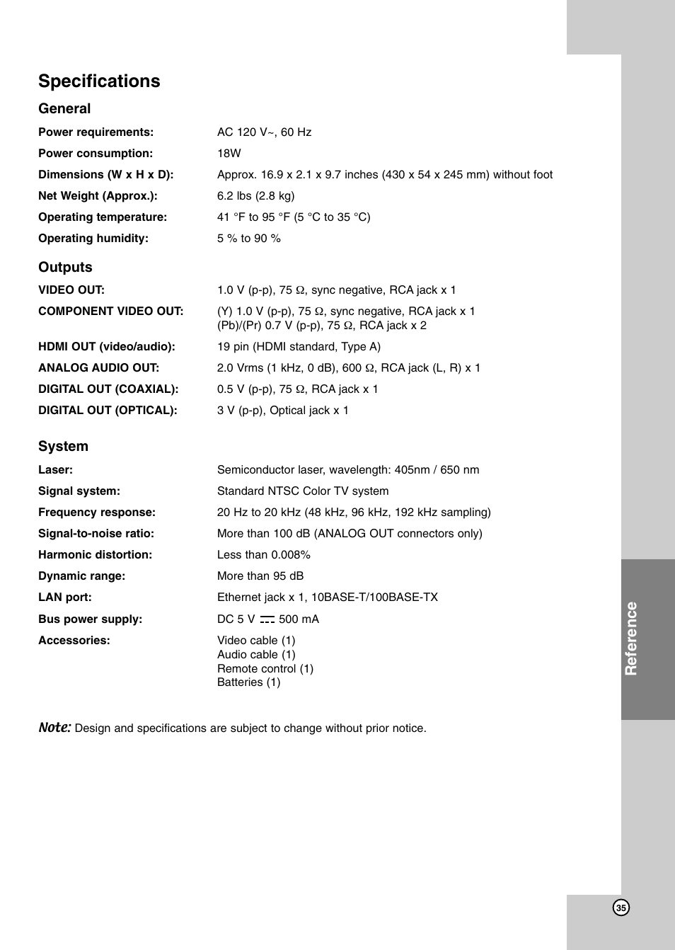 Specifications, Reference, General | Outputs, System | JVC LVT2007-001D User Manual | Page 35 / 40