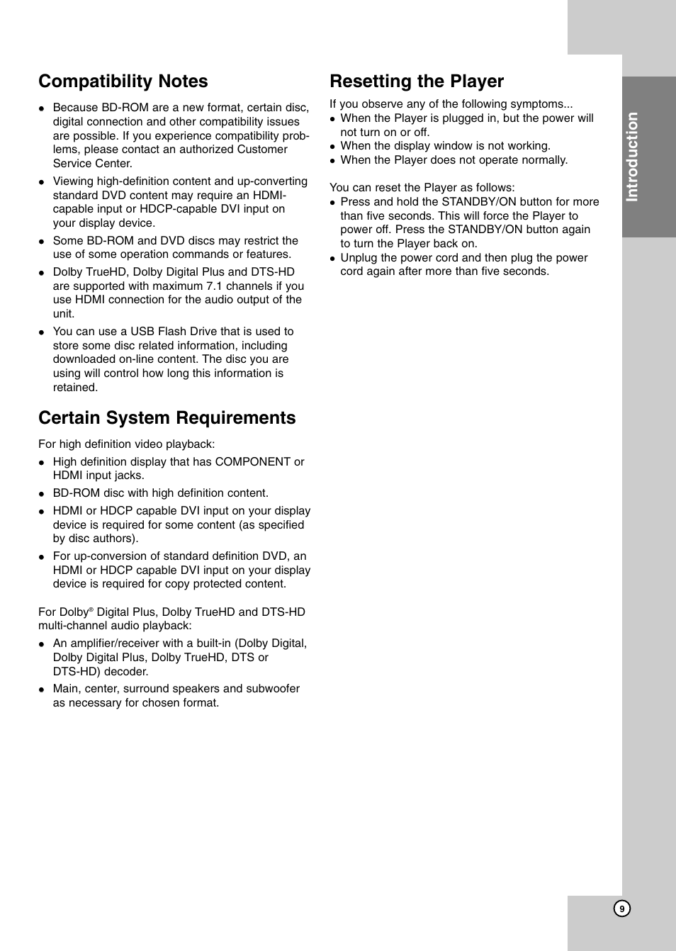 Compatibility notes, Certain system requirements, Resetting the player | Introduction | JVC LVT2007-001D User Manual | Page 9 / 40