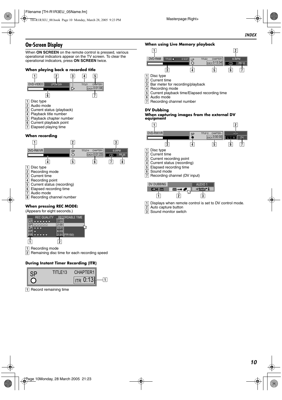 A pg. 10, 35, 10 on-screen display, Title13 itr chapter1 | JVC SP-THS55F User Manual | Page 13 / 100