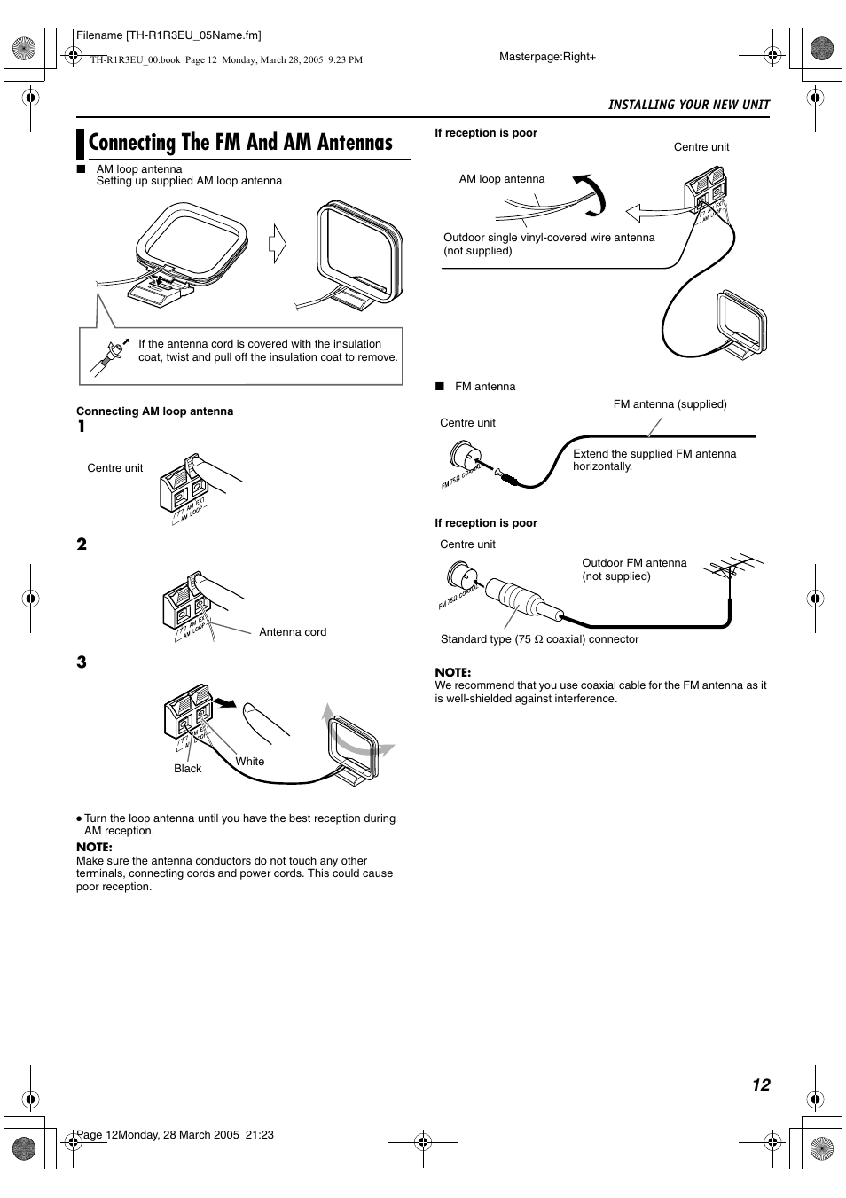 Connecting the fm and am antennas, A pg. 12, Antennas (a pg. 12) | JVC SP-THS55F User Manual | Page 15 / 100