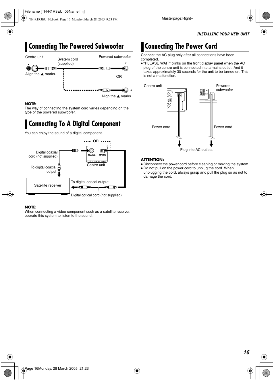 A pg. 16, Al)] a pg. 16, A pg. 16) | Connecting the power cord | JVC SP-THS55F User Manual | Page 19 / 100