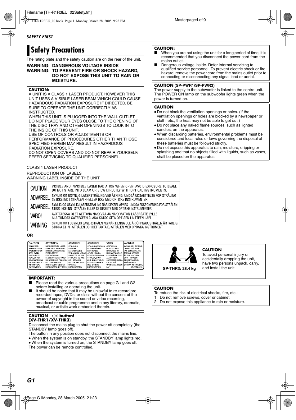 Safety precautions | JVC SP-THS55F User Manual | Page 2 / 100