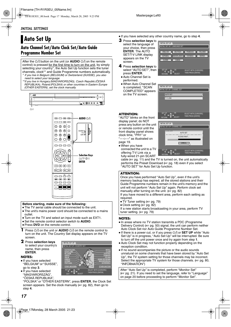 Initial settings, Auto set up, A pg. 17, 53 | JVC SP-THS55F User Manual | Page 20 / 100