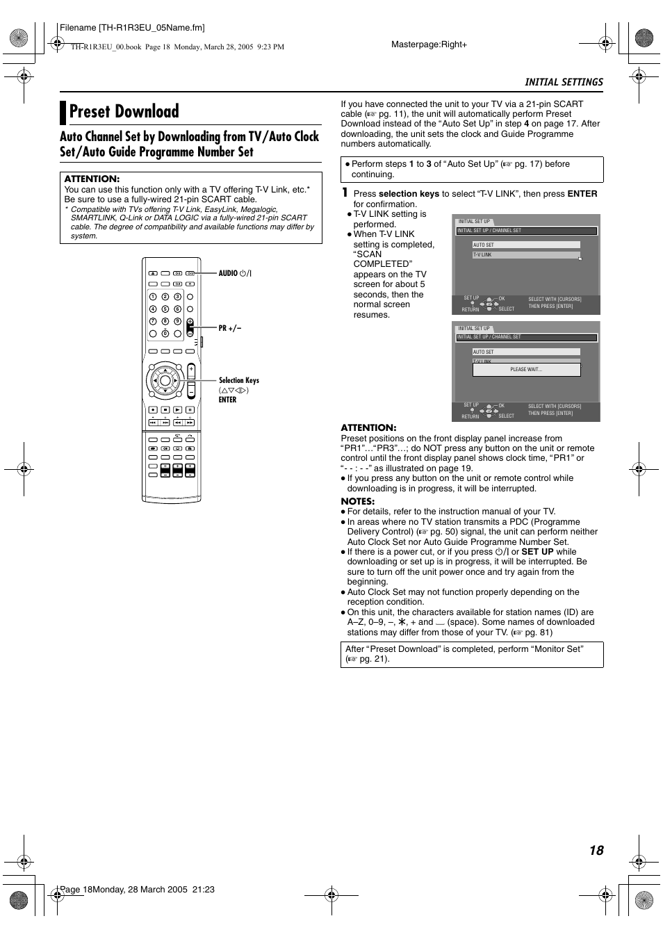 Preset download, Load (a pg. 18), Initial settings | JVC SP-THS55F User Manual | Page 21 / 100