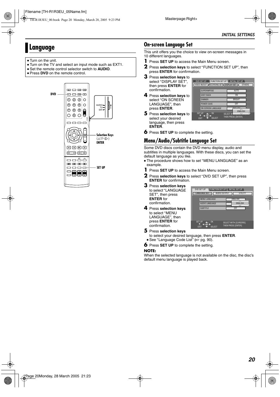 Language, A pg. 20, Alanguageb | 20 b, Screen language set, B (a pg. 20), 20 on-screen language set, Menu/audio/subtitle language set, Initial settings | JVC SP-THS55F User Manual | Page 23 / 100