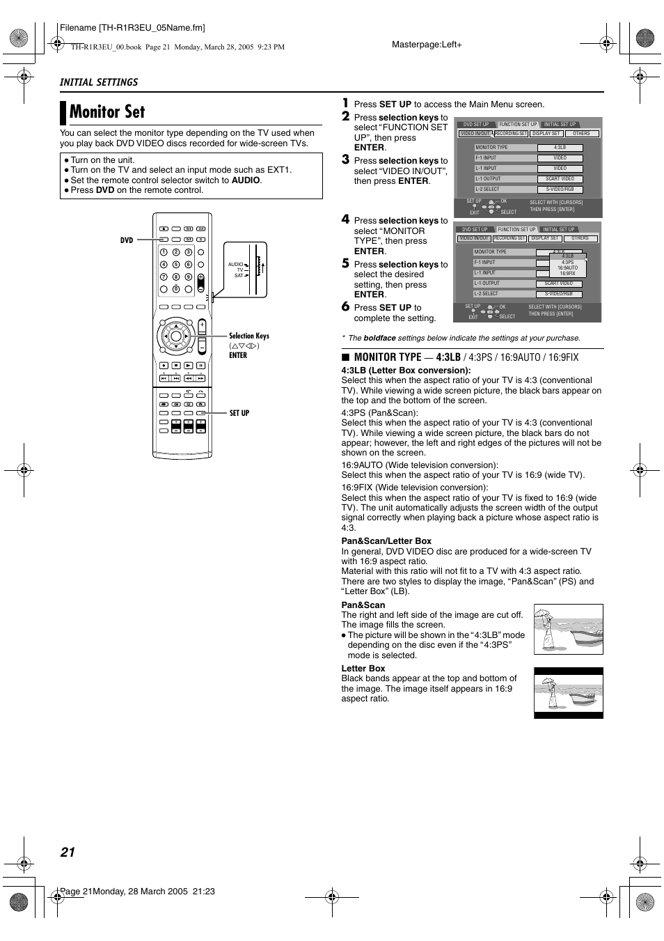 Monitor set, Amonitor setb, A pg. 21). if y | A pg. 21), Initial settings, Monitor type | JVC SP-THS55F User Manual | Page 24 / 100