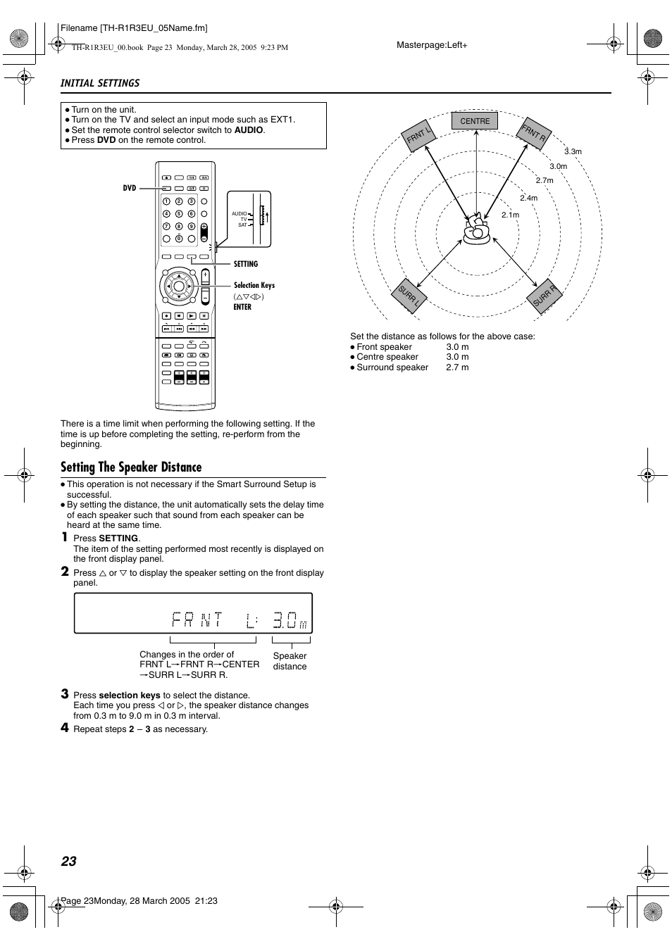A pg. 23, Asetting the speaker distanceb (a pg. 23), Setting the speaker distance | Initial settings | JVC SP-THS55F User Manual | Page 26 / 100