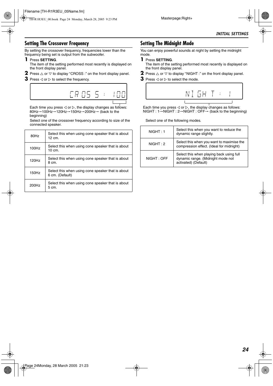 24 setting the crossover frequency, Setting the midnight mode | JVC SP-THS55F User Manual | Page 27 / 100