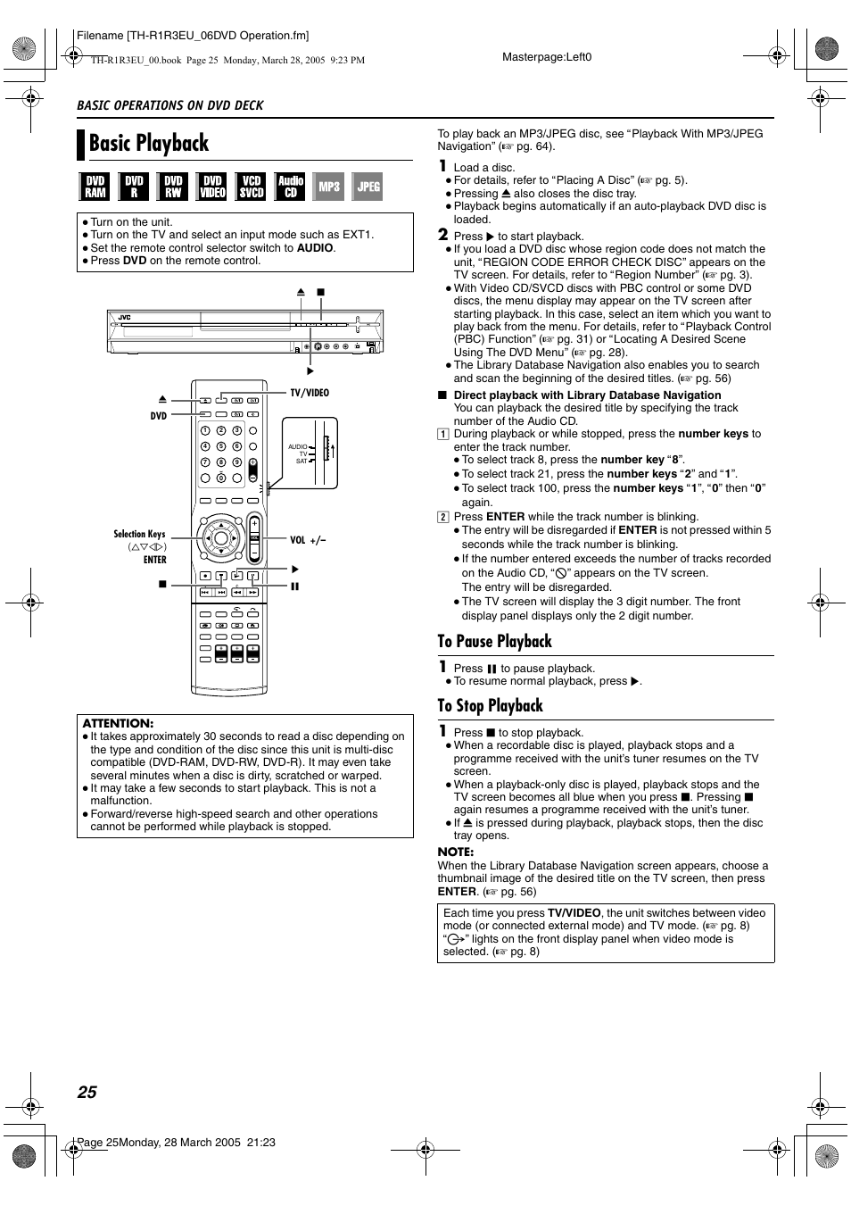 Basic operations on dvd deck, Basic playback, A pg. 25 | A pg. 25, 39, Tv/video button (tv/video) a pg. 25 | JVC SP-THS55F User Manual | Page 28 / 100