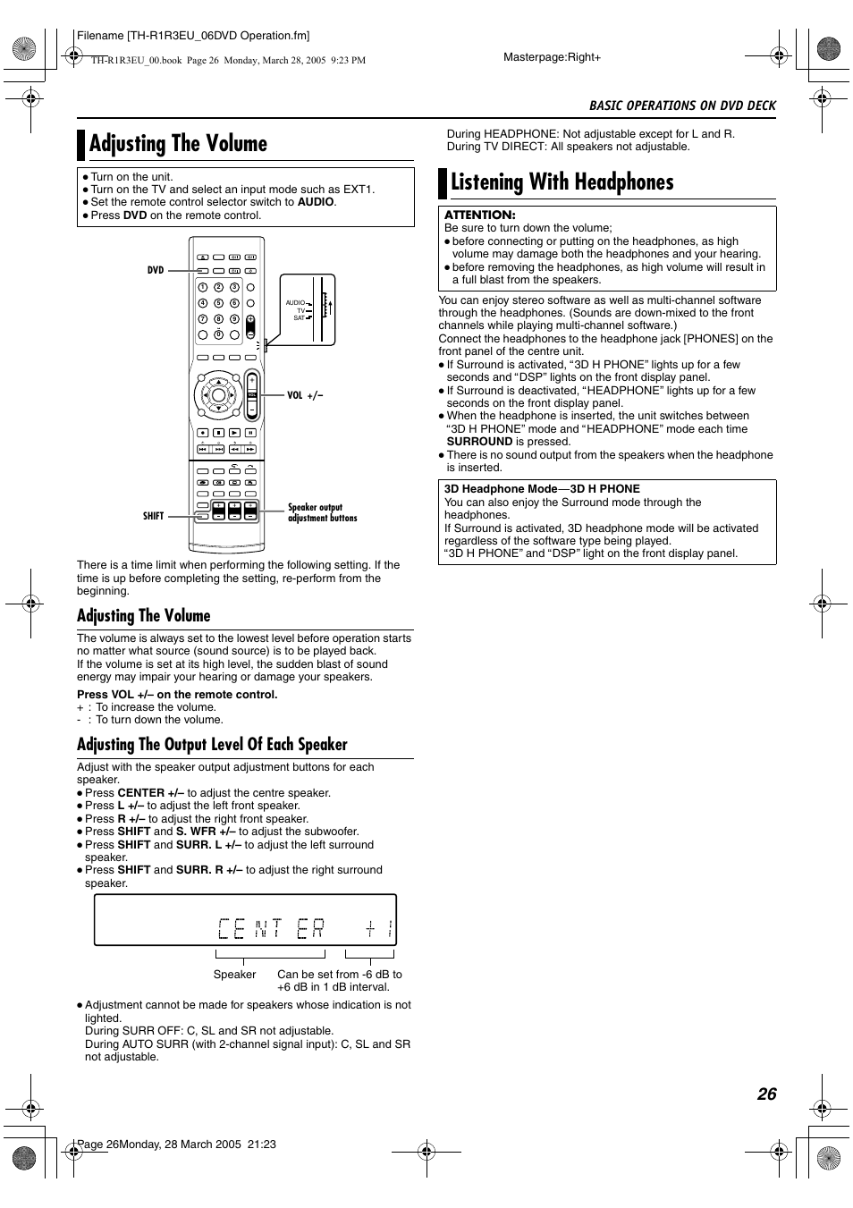Adjusting the volume listening with headphones, A pg. 26, A pg | A pg. 26, 72, Listening with headphones, Adjusting the volume, Adjusting the output level of each speaker, Basic operations on dvd deck | JVC SP-THS55F User Manual | Page 29 / 100