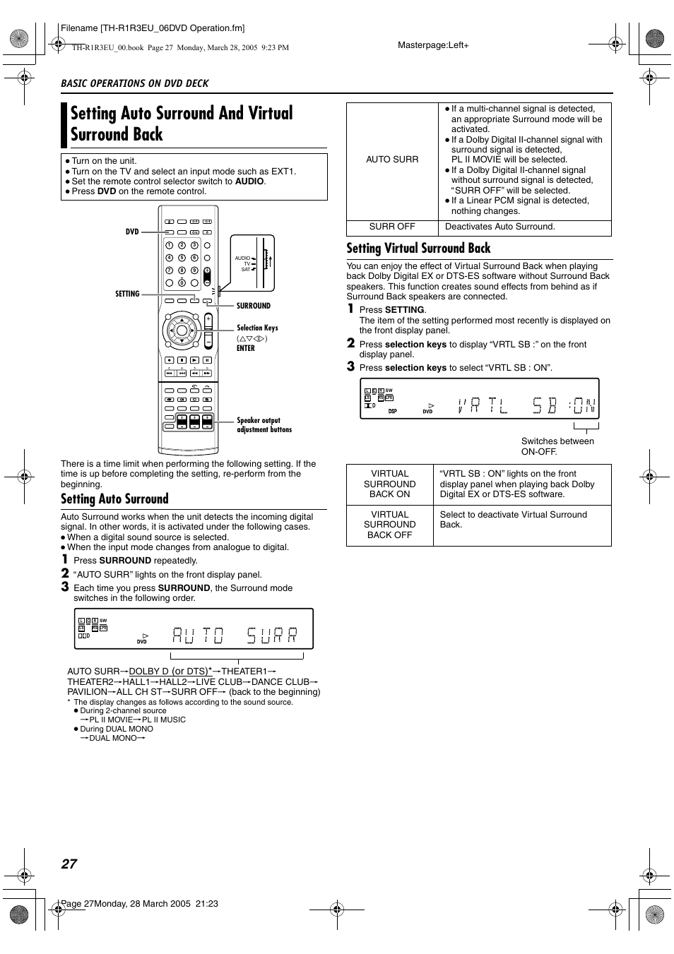 Setting auto surround and virtual surround back, Setting auto surround, Setting virtual surround back | Basic operations on dvd deck | JVC SP-THS55F User Manual | Page 30 / 100