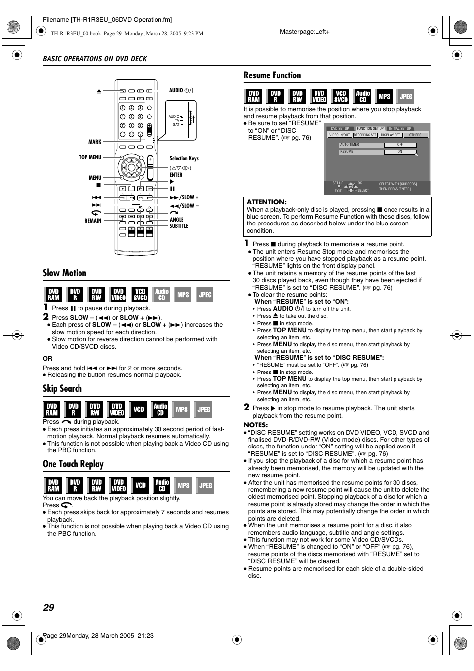 Or a pg. 29, A pg. 29, A pg. 29, 33 | 29 slow motion, Skip search, One touch replay, Resume function, Basic operations on dvd deck | JVC SP-THS55F User Manual | Page 32 / 100