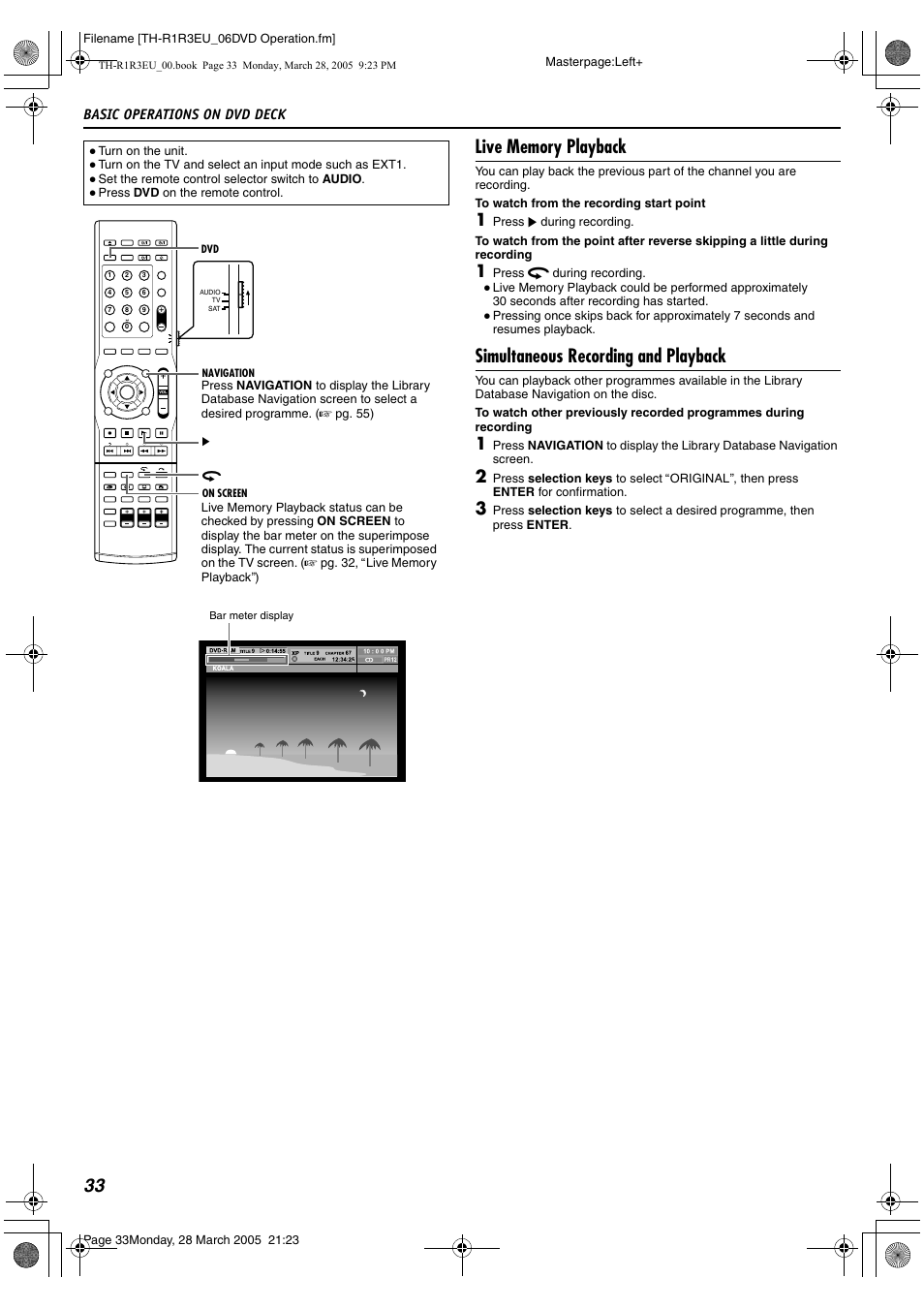 A pg. 33, 55, Simultaneous recording and playback, Basic operations on dvd deck | JVC SP-THS55F User Manual | Page 36 / 100