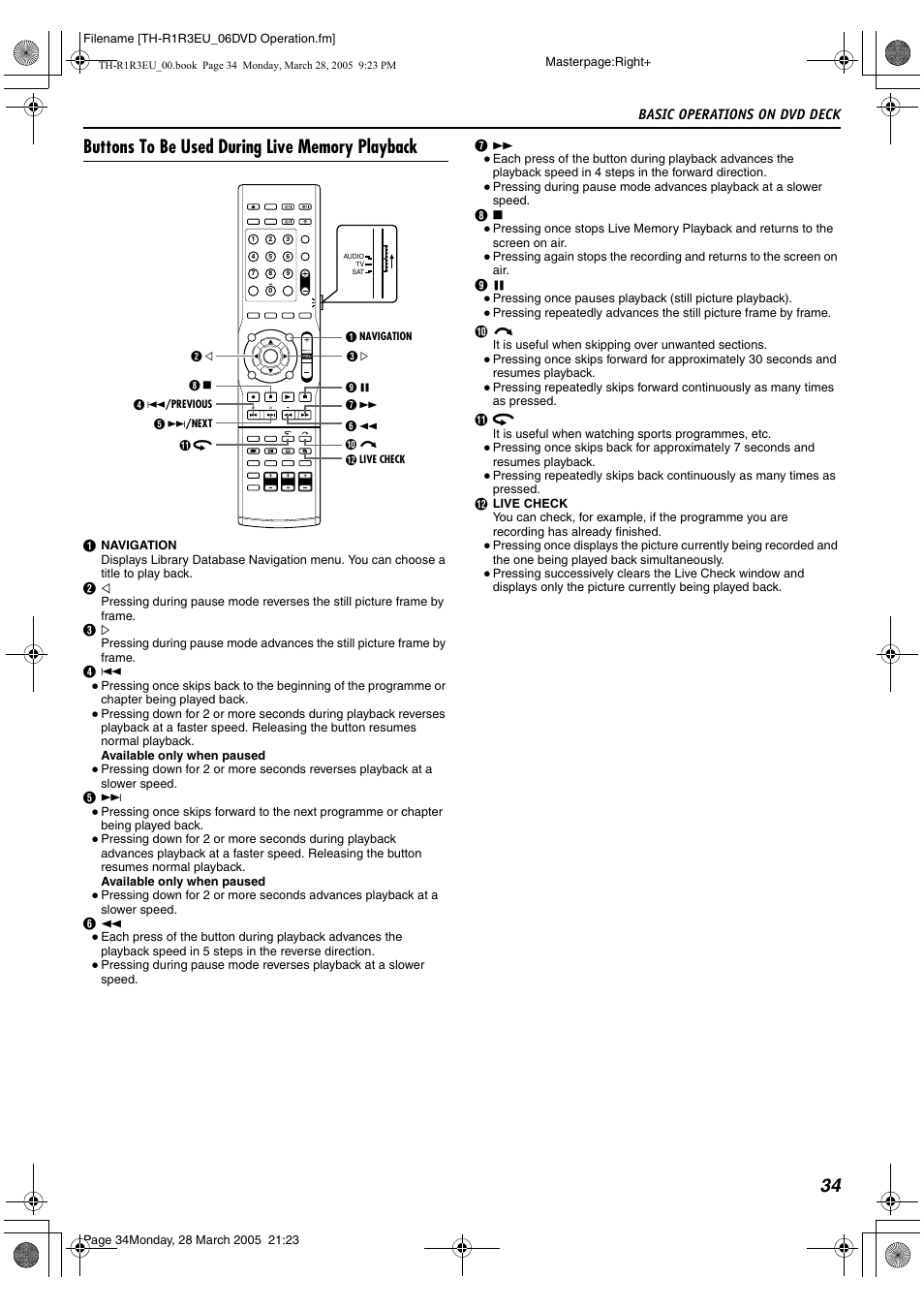 A pg. 34, Basic operations on dvd deck | JVC SP-THS55F User Manual | Page 37 / 100