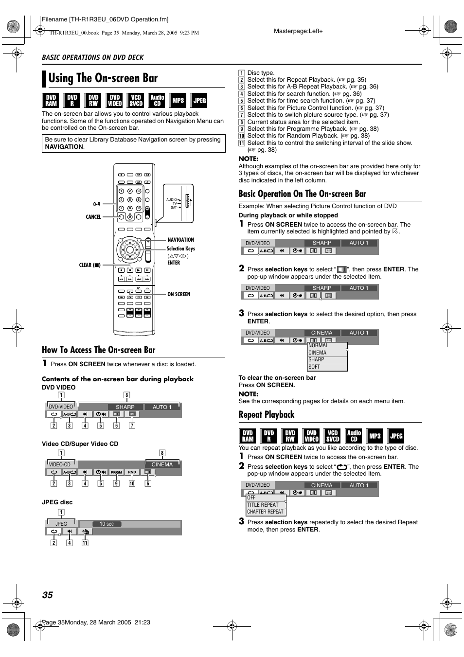 Using the on-screen bar, A pg. 35, 36, How to access the on-screen bar | Basic operation on the on-screen bar, Repeat playback | JVC SP-THS55F User Manual | Page 38 / 100