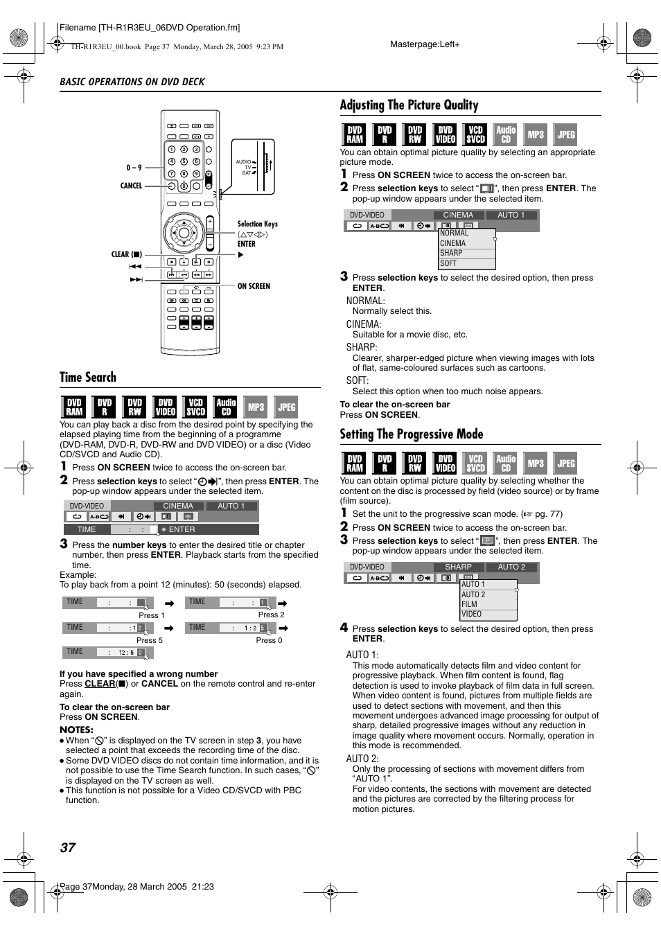 A pg. 37, 53, 80, A pg. 37, 53, 56, A pg. 37) | R picture control function. (a pg. 37), 37 time search, Adjusting the picture quality, Setting the progressive mode | JVC SP-THS55F User Manual | Page 40 / 100