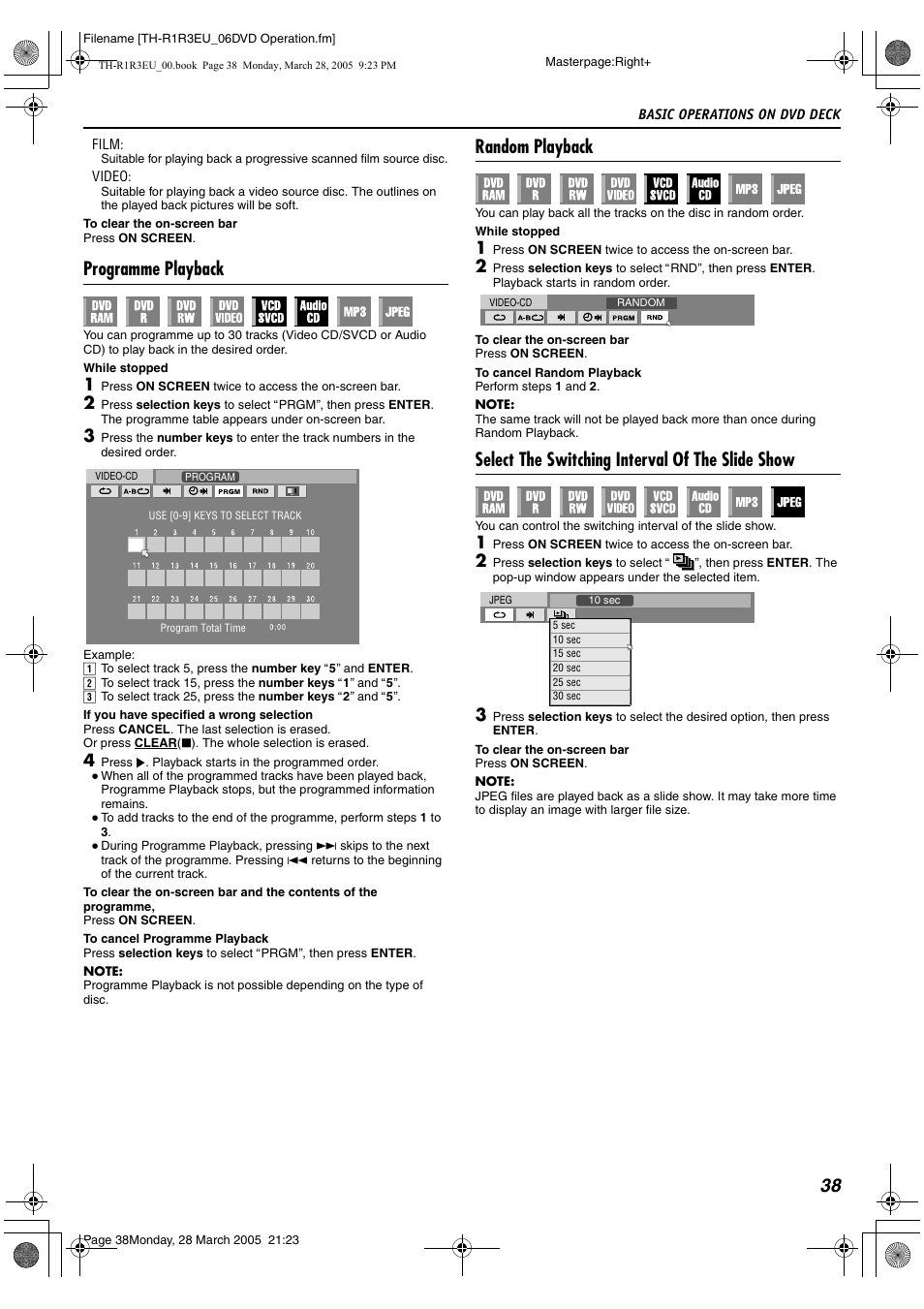 Tor a pg. 38, K. (a pg. 38), A pg. 38) | Programme playback, Random playback, Select the switching interval of the slide show | JVC SP-THS55F User Manual | Page 41 / 100