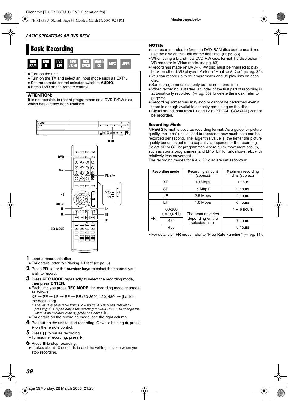 Basic recording, A pg. 39, A pg. 39, 40 | A pg. 39, 44, Basic operations on dvd deck | JVC SP-THS55F User Manual | Page 42 / 100