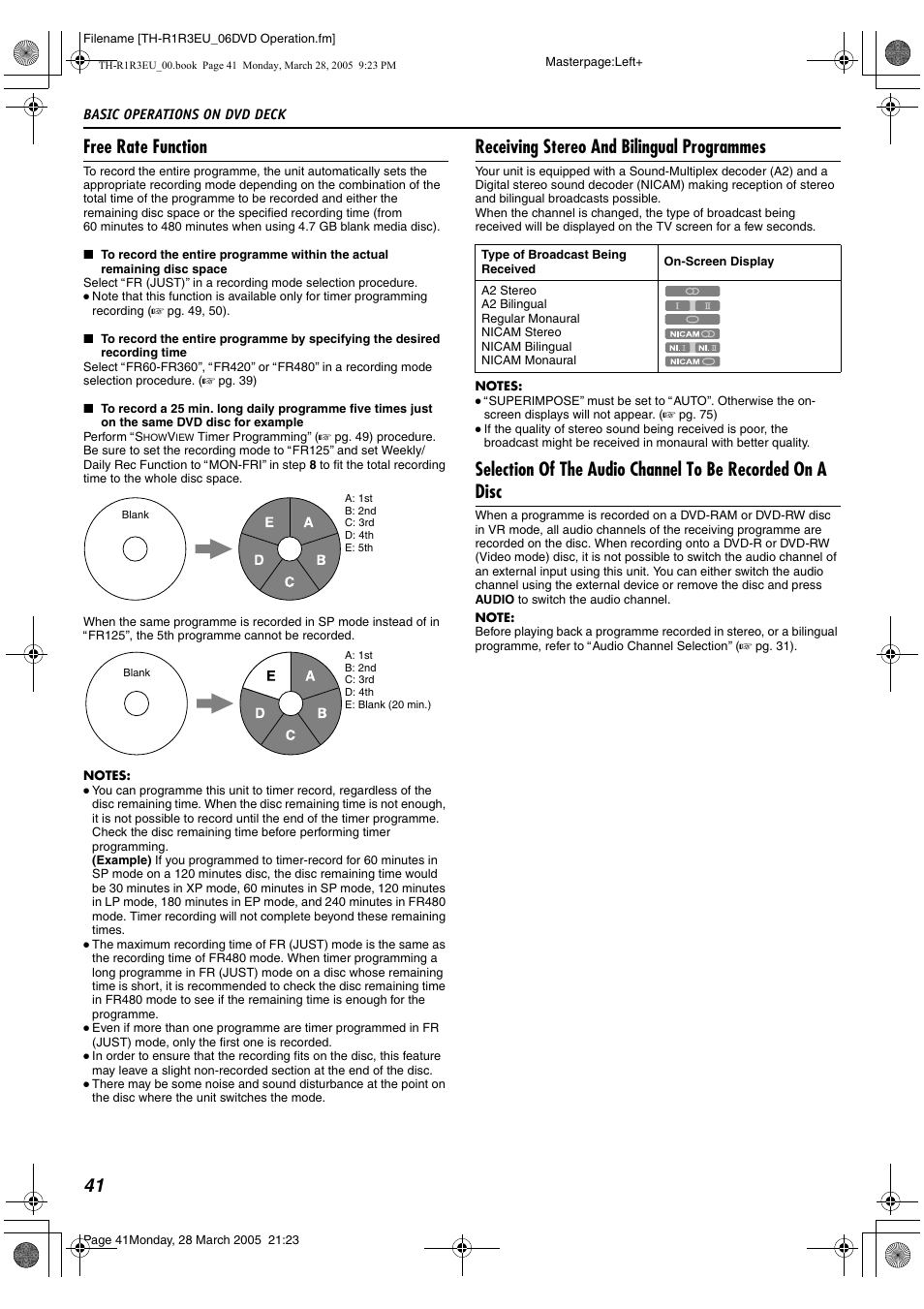 Afree rate functionb (a pg. 41), A pg. 41), 41 free rate function | Receiving stereo and bilingual programmes | JVC SP-THS55F User Manual | Page 44 / 100