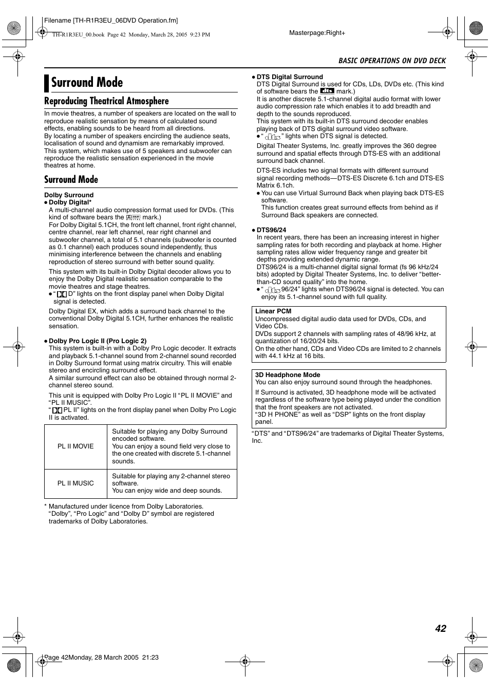 Surround mode, A pg. 42, 42 reproducing theatrical atmosphere | JVC SP-THS55F User Manual | Page 45 / 100