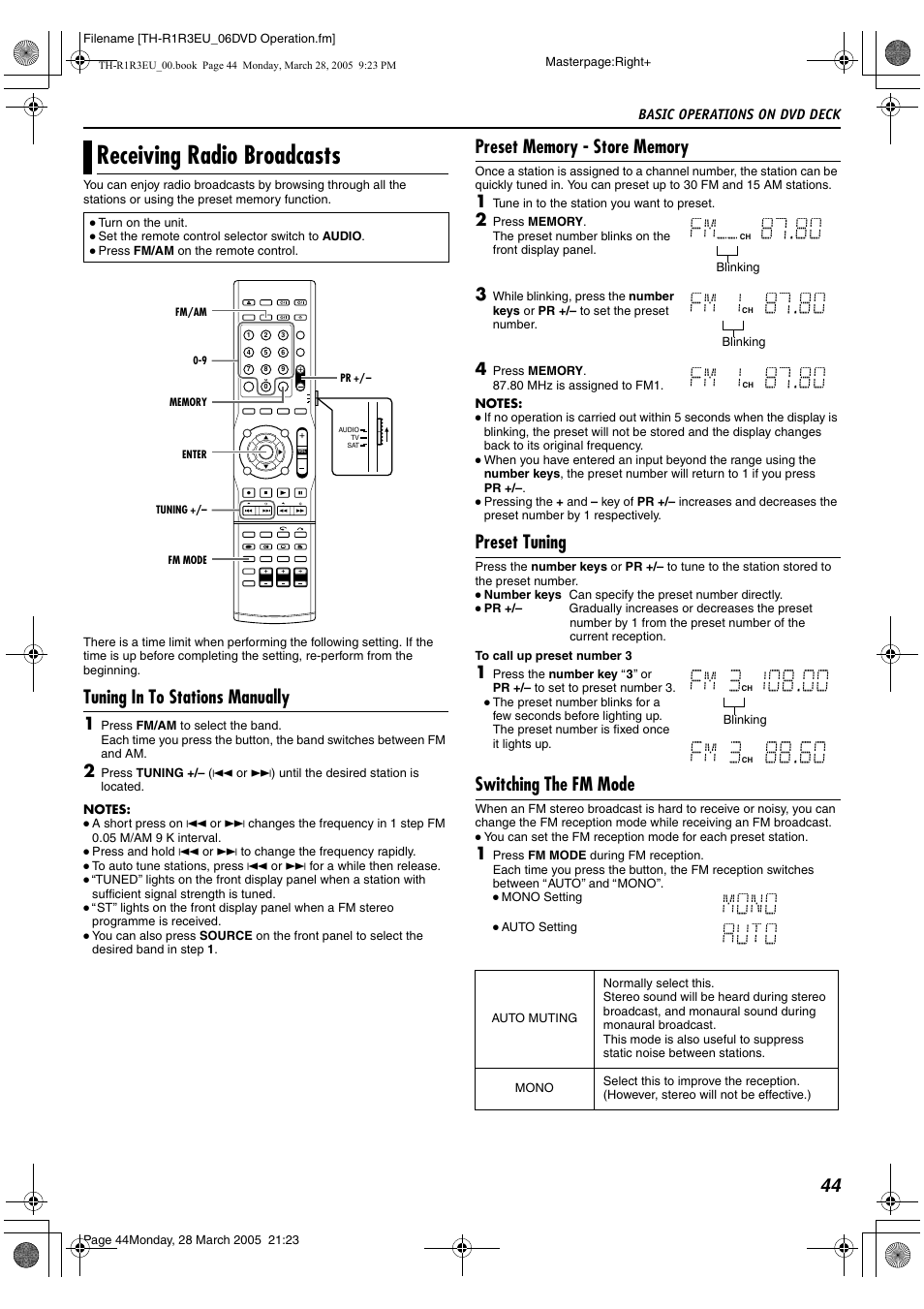Receiving radio broadcasts, A pg. 44, Or a pg. 44 | A pg. 44, 45, Y) a pg. 44, 56, Mono auto, Tuning in to stations manually, Preset tuning, Switching the fm mode | JVC SP-THS55F User Manual | Page 47 / 100