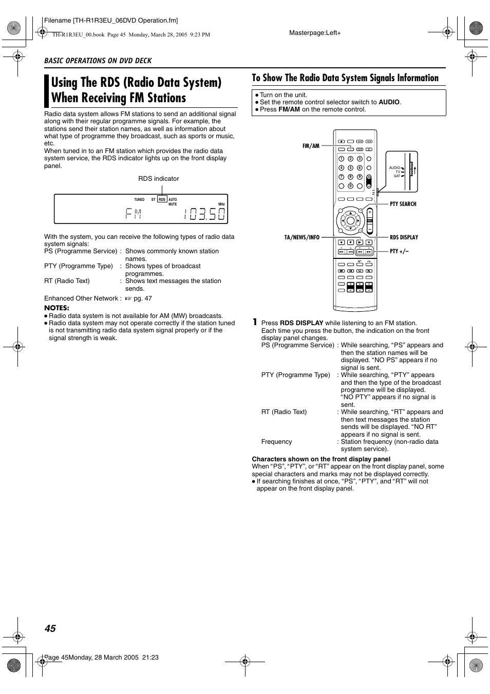 Using the rds (radio data system) when receiving, Fm stations, A pg. 45 | Basic operations on dvd deck | JVC SP-THS55F User Manual | Page 48 / 100