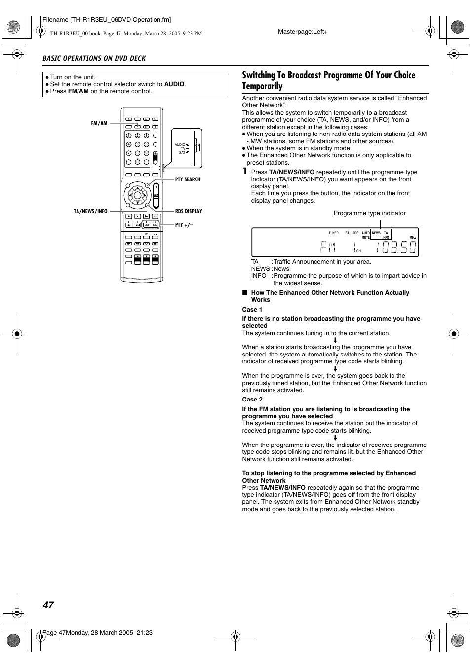 Cator a pg. 47, A pg. 47, Basic operations on dvd deck | JVC SP-THS55F User Manual | Page 50 / 100