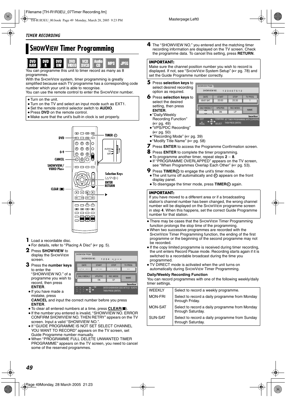 Timer recording, A pg. 49, 53, A pg. 49 | A pg. 49, 80, A pg. 49), Recording (a pg. 49, 50), Timer programming, B (a pg. 49) pro, 8 to fit the total | JVC SP-THS55F User Manual | Page 52 / 100