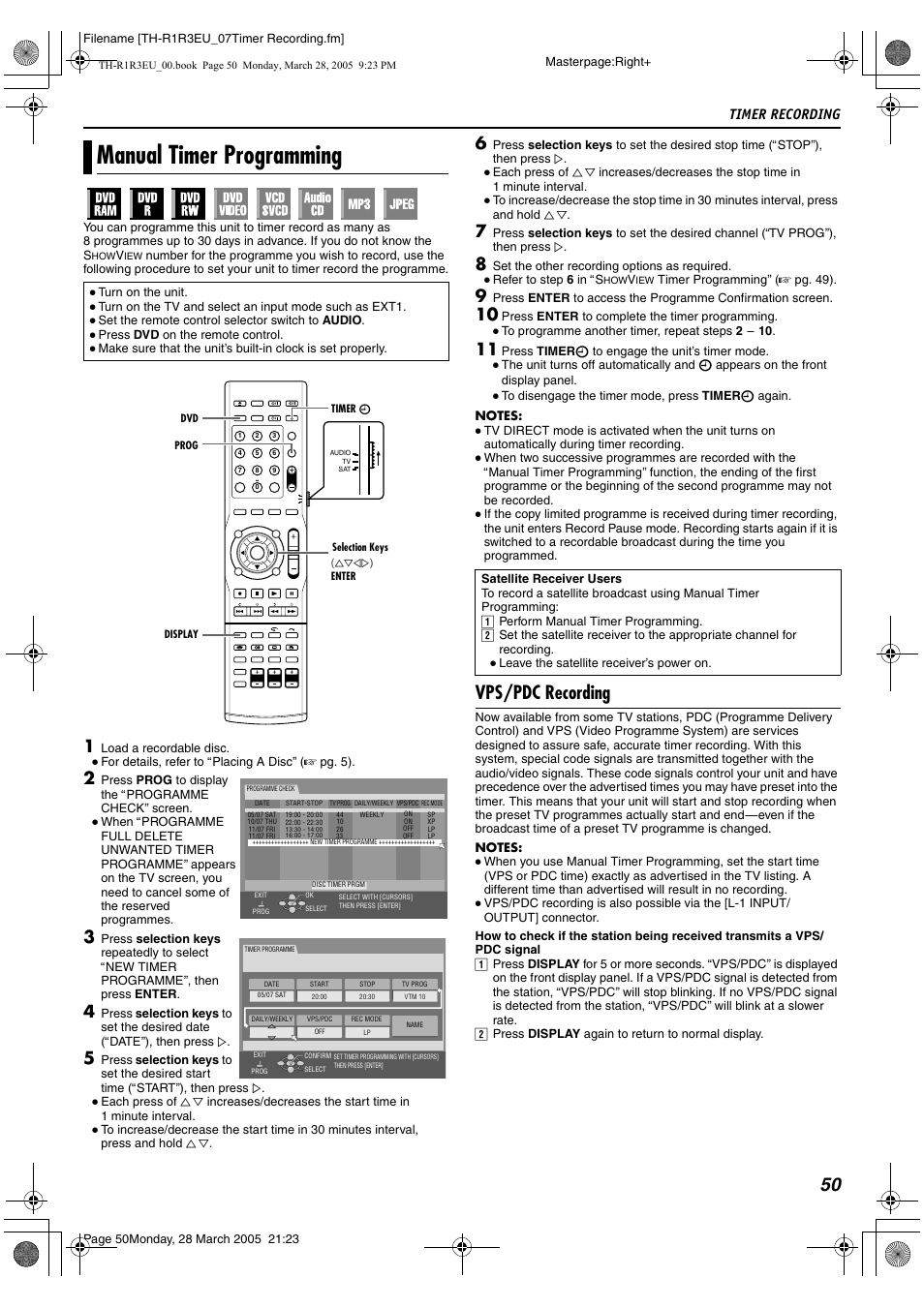 Manual timer programming, G (a pg. 50), Vps/pdc indicator a pg. 50 | A pg. 50, A pg. 50) signal, the unit, Avps/pdc recordingb (a pg. 50), Vps/pdc recording, Timer recording | JVC SP-THS55F User Manual | Page 53 / 100