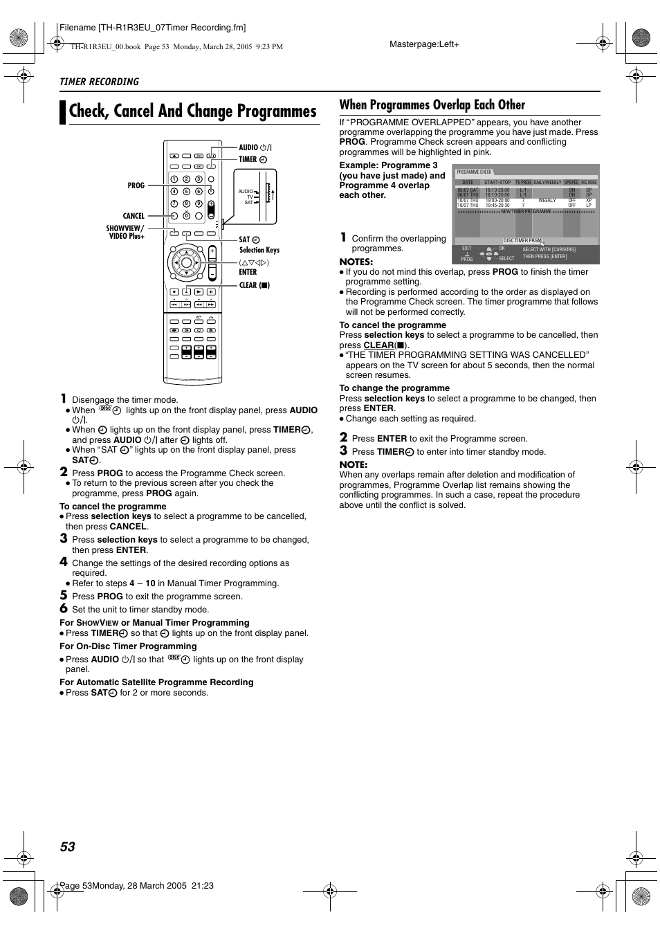 Check, cancel and change programmes, A pg. 53, 54, Awhen programmes overlap each otherb (a pg. 53) | When programmes overlap each other, Timer recording | JVC SP-THS55F User Manual | Page 56 / 100