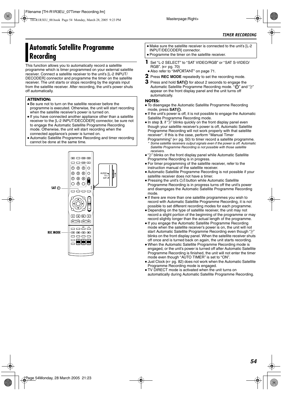 Automatic satellite programme recording, Mode (a pg. 54), slightly bef, A pg. 54 | Timer recording | JVC SP-THS55F User Manual | Page 57 / 100