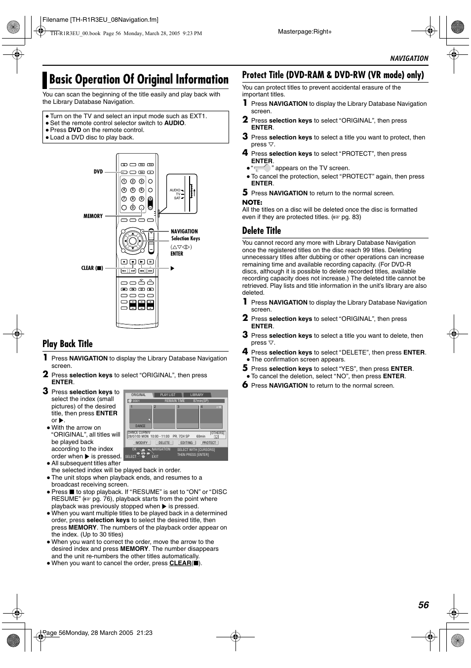 Basic operation of original information, A pg. 56), Original (a pg. 56) | Play back title, Protect title (dvd-ram & dvd-rw (vr mode) only), Delete title, Navigation | JVC SP-THS55F User Manual | Page 59 / 100