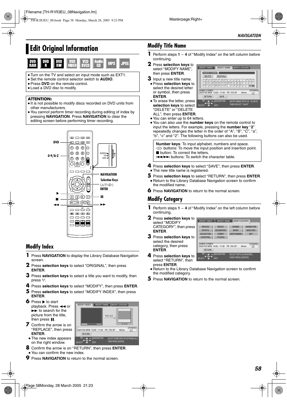 Edit original information, Amodify title nameb (a pg. 58), 58 modify index | Modify title name, Modify category, Navigation | JVC SP-THS55F User Manual | Page 61 / 100