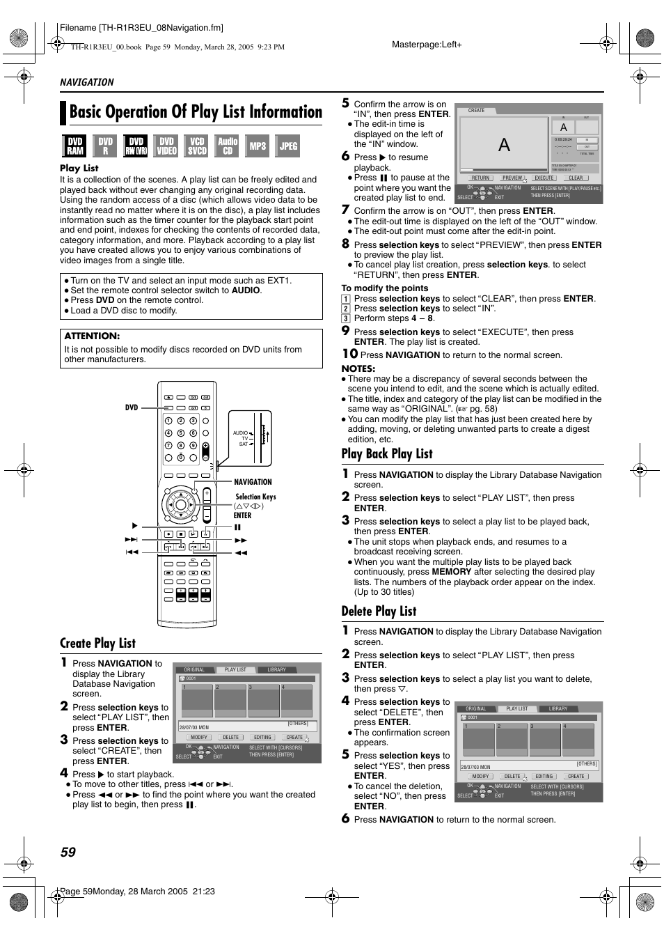 Basic operation of play list information, A pg. 59), Create play list | Play back play list, Delete play list, Navigation | JVC SP-THS55F User Manual | Page 62 / 100