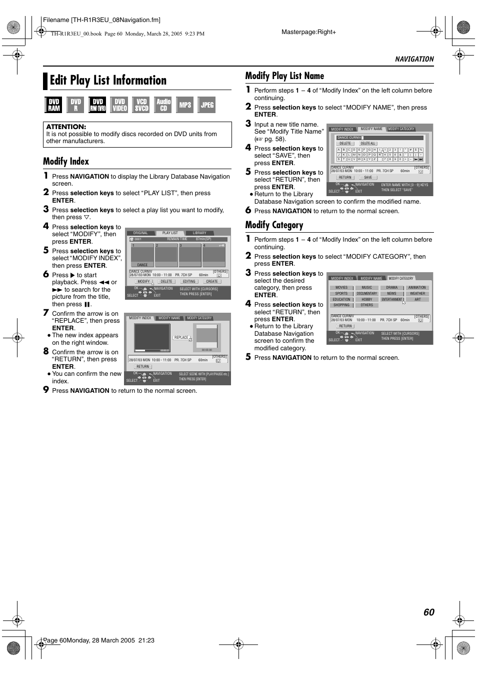 Edit play list information, 60 modify index, Modify play list name | Modify category, Navigation | JVC SP-THS55F User Manual | Page 63 / 100