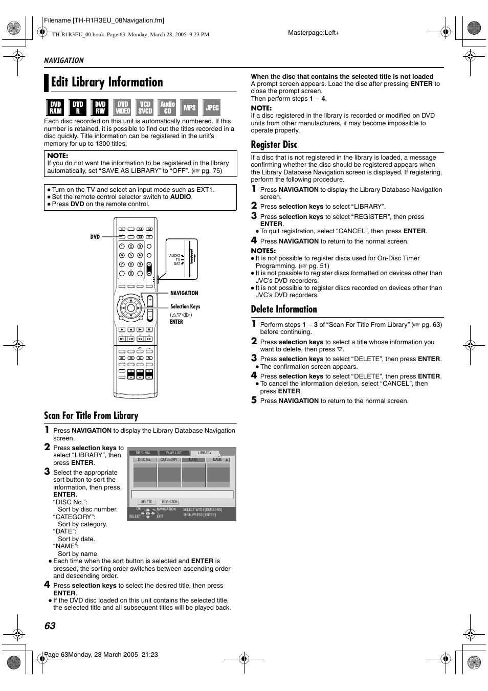 Edit library information, Y (a pg. 63), Scan for title from library | Register disc, Delete information | JVC SP-THS55F User Manual | Page 66 / 100