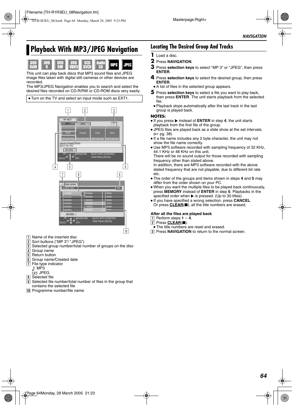 Playback with mp3/jpeg navigation, Aplayback with mp3/jpeg, Navigation | B (a pg. 64), Locating the desired group and tracks, Gh i j | JVC SP-THS55F User Manual | Page 67 / 100