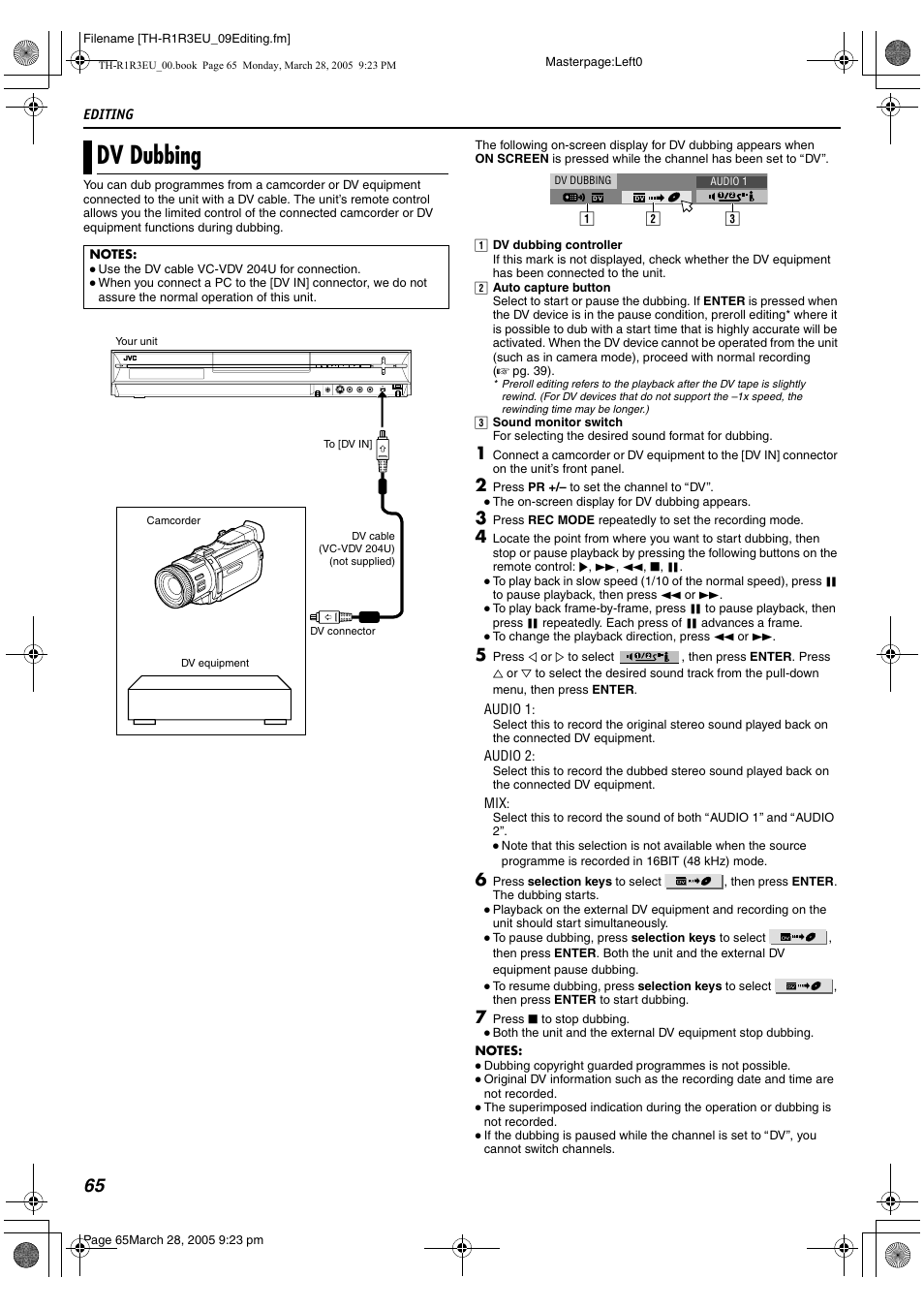Editing, Dv dubbing, A pg. 65 | V indicator a pg. 65 | JVC SP-THS55F User Manual | Page 68 / 100