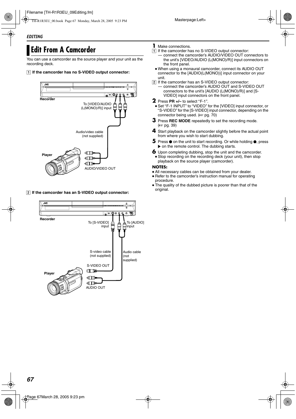 Edit from a camcorder, A pg. 67 | JVC SP-THS55F User Manual | Page 70 / 100