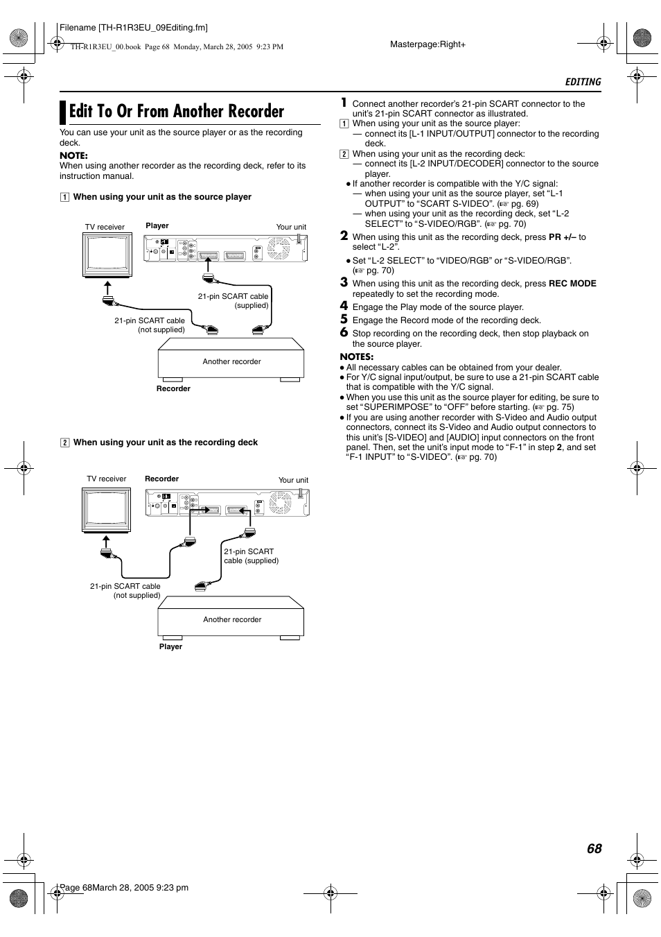 Edit to or from another recorder, A pg. 68, 69 | JVC SP-THS55F User Manual | Page 71 / 100