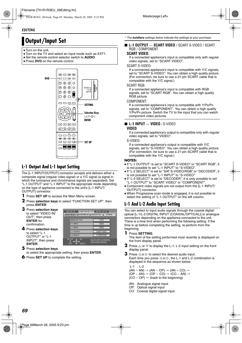 Output/input set, A pg. 69), 69 l-1 output and l-1 input setting | L-1 and l-2 audio input setting, Editing, L-1 output, Scart video, L-1 input, Video | JVC SP-THS55F User Manual | Page 72 / 100