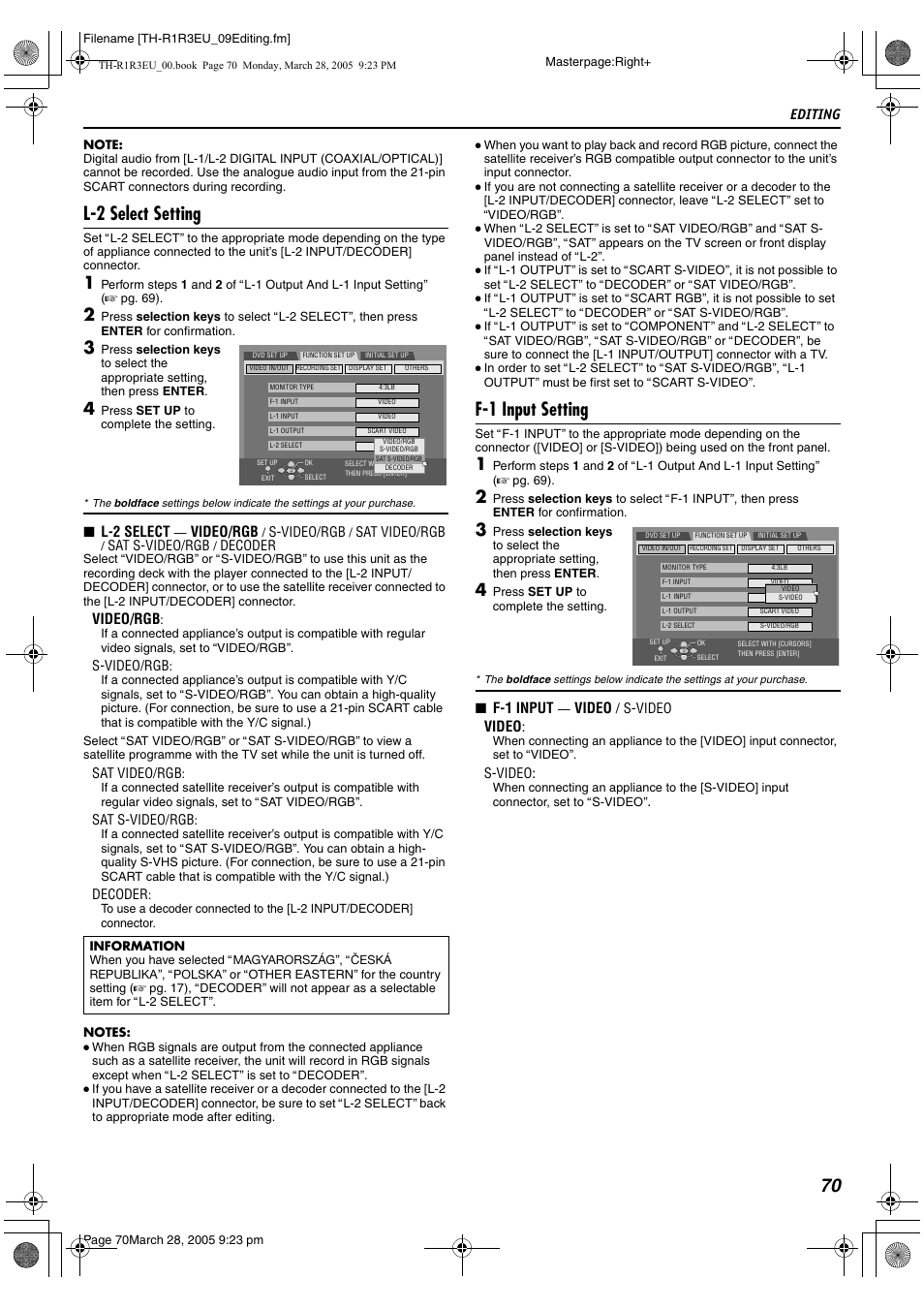 A pg. 70), L-2 select setting, F-1 input setting | Editing, L-2 select, Video/rgb, F-1 input, Video | JVC SP-THS55F User Manual | Page 73 / 100